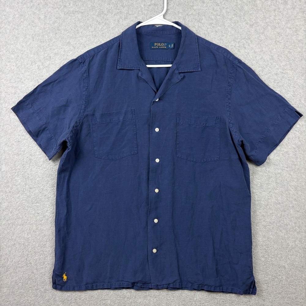 Polo Ralph Lauren Shirt Mens Large Blue Silk Linen Camp Loop Collar Button Up
